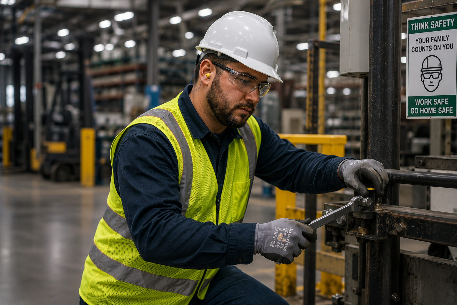 Worker in hi-vis vest and hard hat at an industrial facility