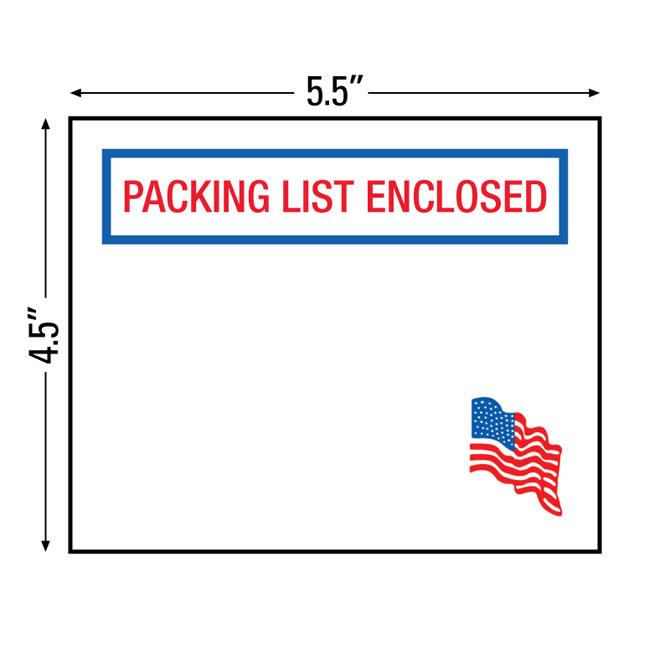 Packing List Envelopes - 4.5 X 5.5", "Packing List Enclosed" With USA Flag, Back Loading, 1000/Case