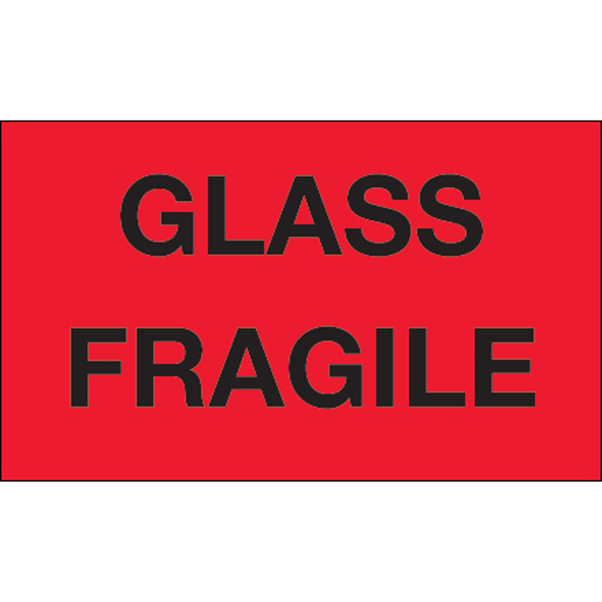 3" X 5" - "Glass - Fragile" (Fluorescent Red) Labels, 500/Roll