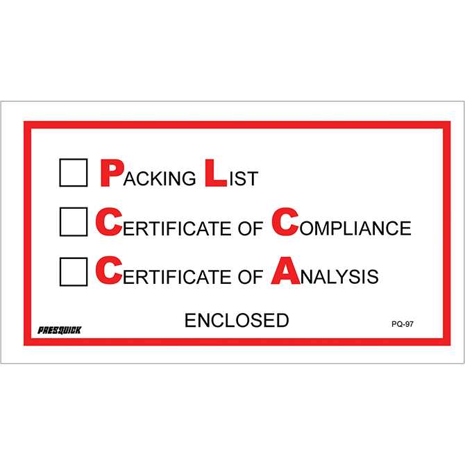 Packing List Envelopes - 5.5 X 10", "Packing List/Cert Of Compliance/Cert. Of Analysis Enclosed" Envelopes, 1000/Case