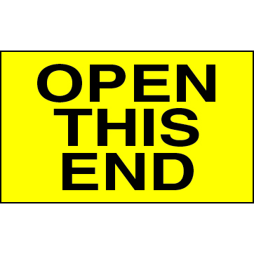 3 X 5" - Open This End Labels, Yellow With Black Print, 500/Roll