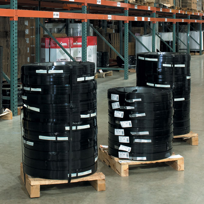 1 1/4" X .025" Steel Strapping - High Tensile, Ribbon Wound, 4620 LB. Brk. Str., Black, 9.4 FT./LB., 105 LBS./Coil