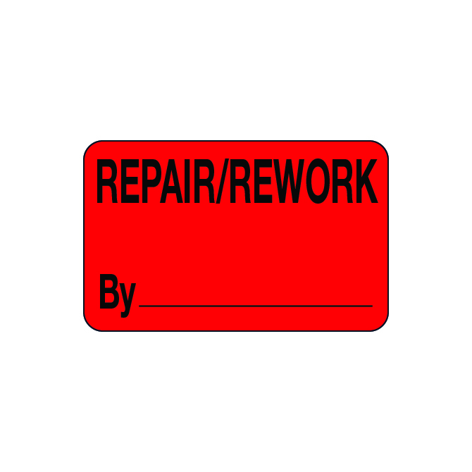 1.25 X 2" - Repair/Rework By Labels, Red With Black Print, 500/Roll