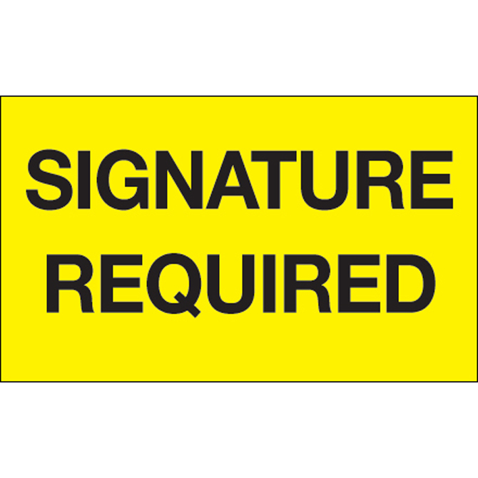 3" X 5" - "Signature Required" (Fluorescent Yellow) Labels, 500/Roll